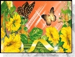 Żółte, Kwiaty, Motyle, Grafika, Komputerowa