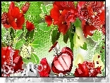 Czerwone, Tulipany, Motyl, Flakonik, Serce, Art