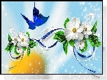 Grafika, Kwiatki, Niebieski, Motyl