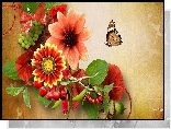 Jesienne, Kwiaty, Motyl, Art