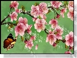 Kwiaty, Owocowego, Drzewa, Motyl, Art