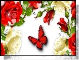 Kwiaty, Róże, Motyl, Art