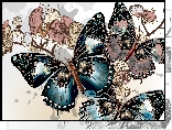Motyle, Kwiaty, Gałązki, Grafika