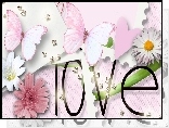 Napis, Love, Kwiaty, Motyle
