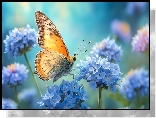 Motyl, Owad, Niebieskie, Kwiaty, Grafika