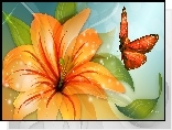 Pomarańczowy, Kwiat, Motyl, Art