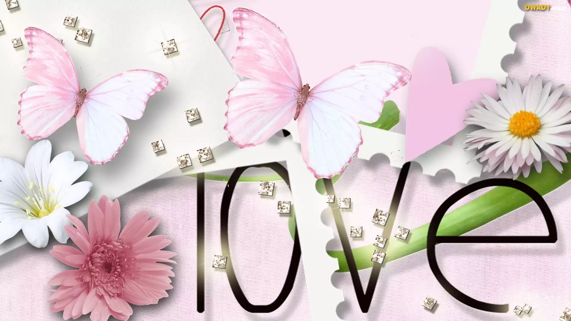 Napis, Love, Kwiaty, Motyle
