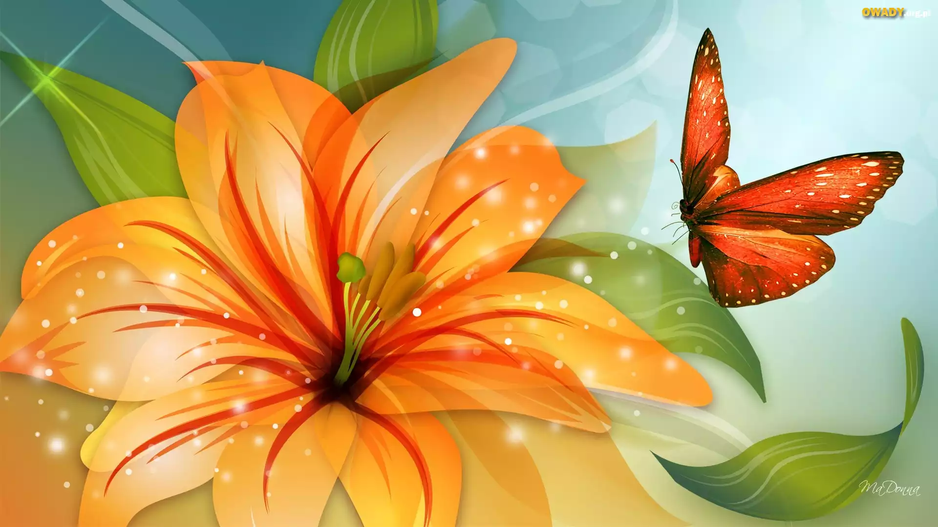Pomarańczowy, Kwiat, Motyl, Art