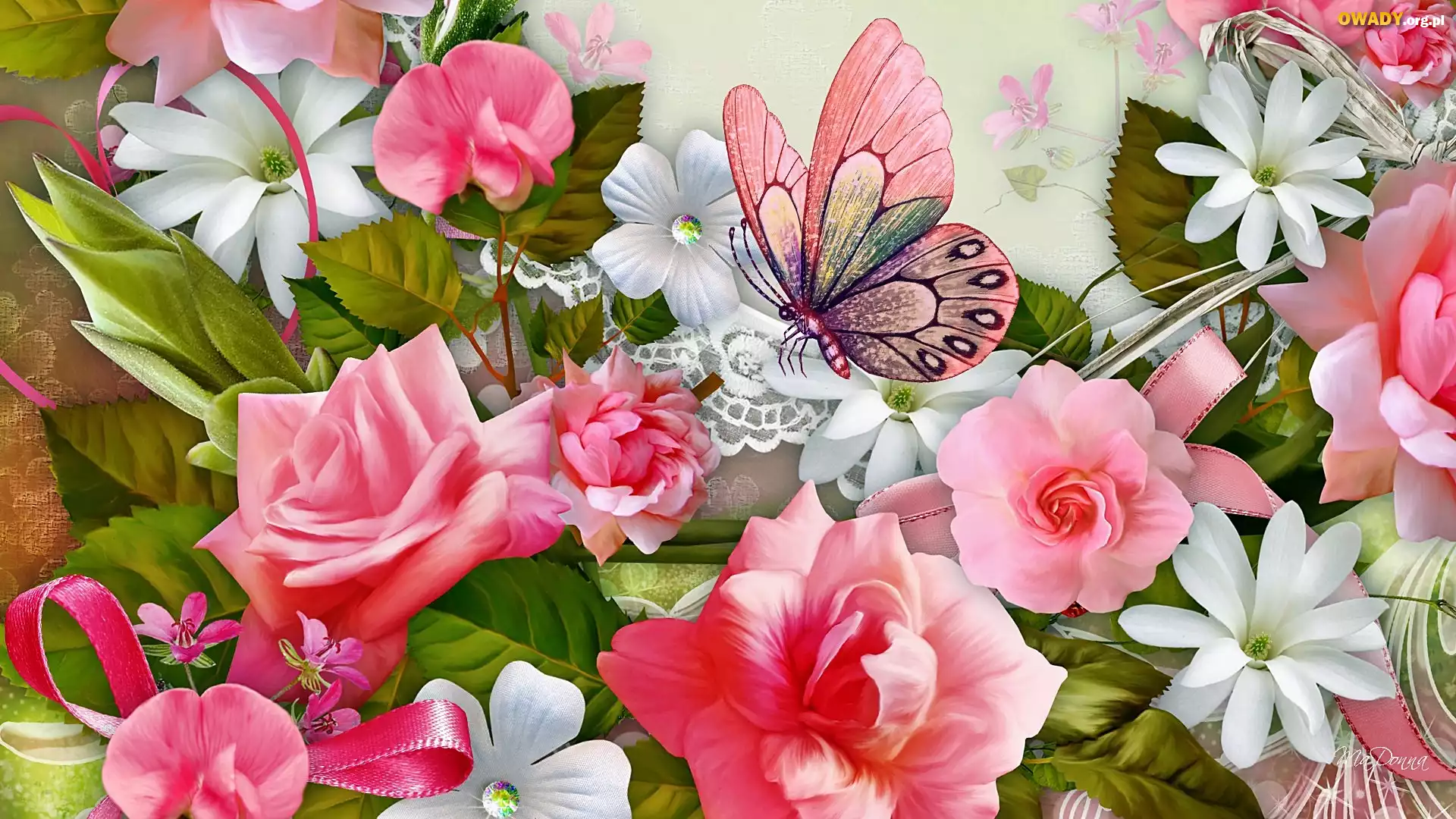 Różowe, Róże, Kwiaty, Motyl, Art